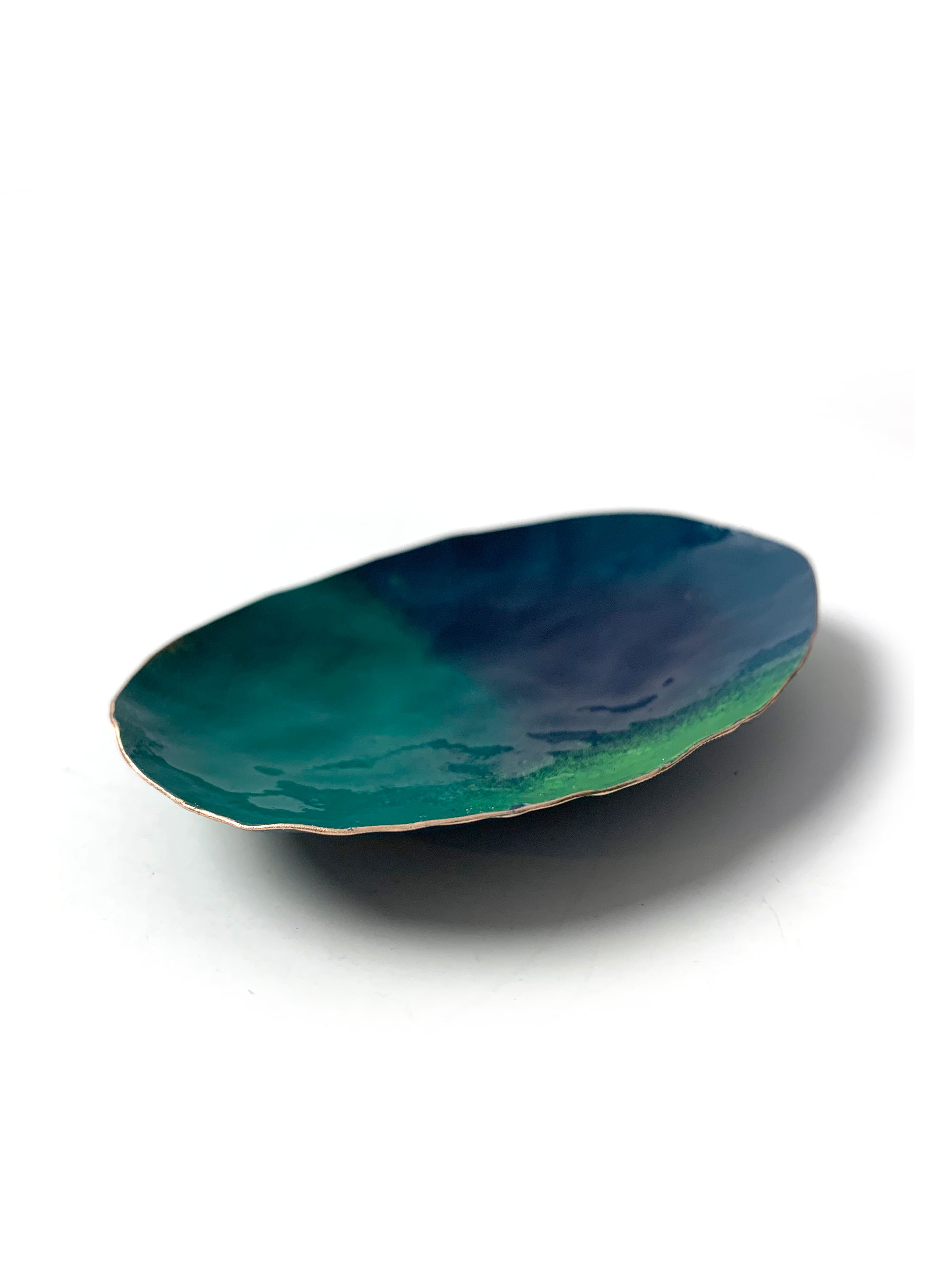 Oval Copper Dish in Emerald Green, Deep Ocean, and Fresh Green