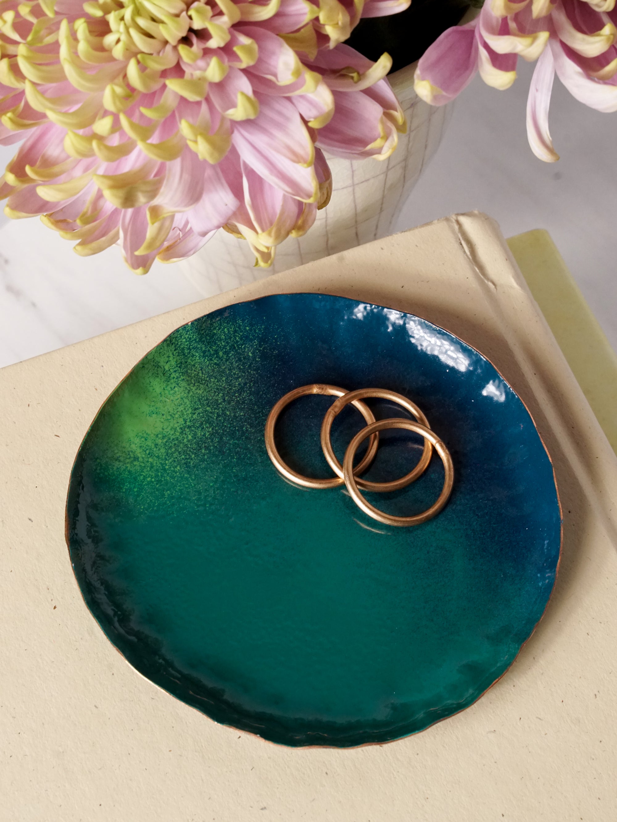 Chroma Colorful Little Round Metal Tray in Emerald Green, Fresh Green, and Deep Ocean