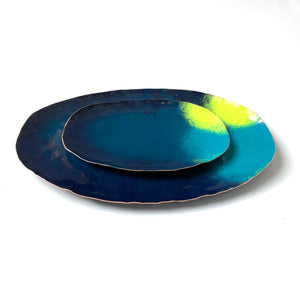 Chroma Colorful Decorative Metal Tray in Dark Teal & Neon Chartreuse