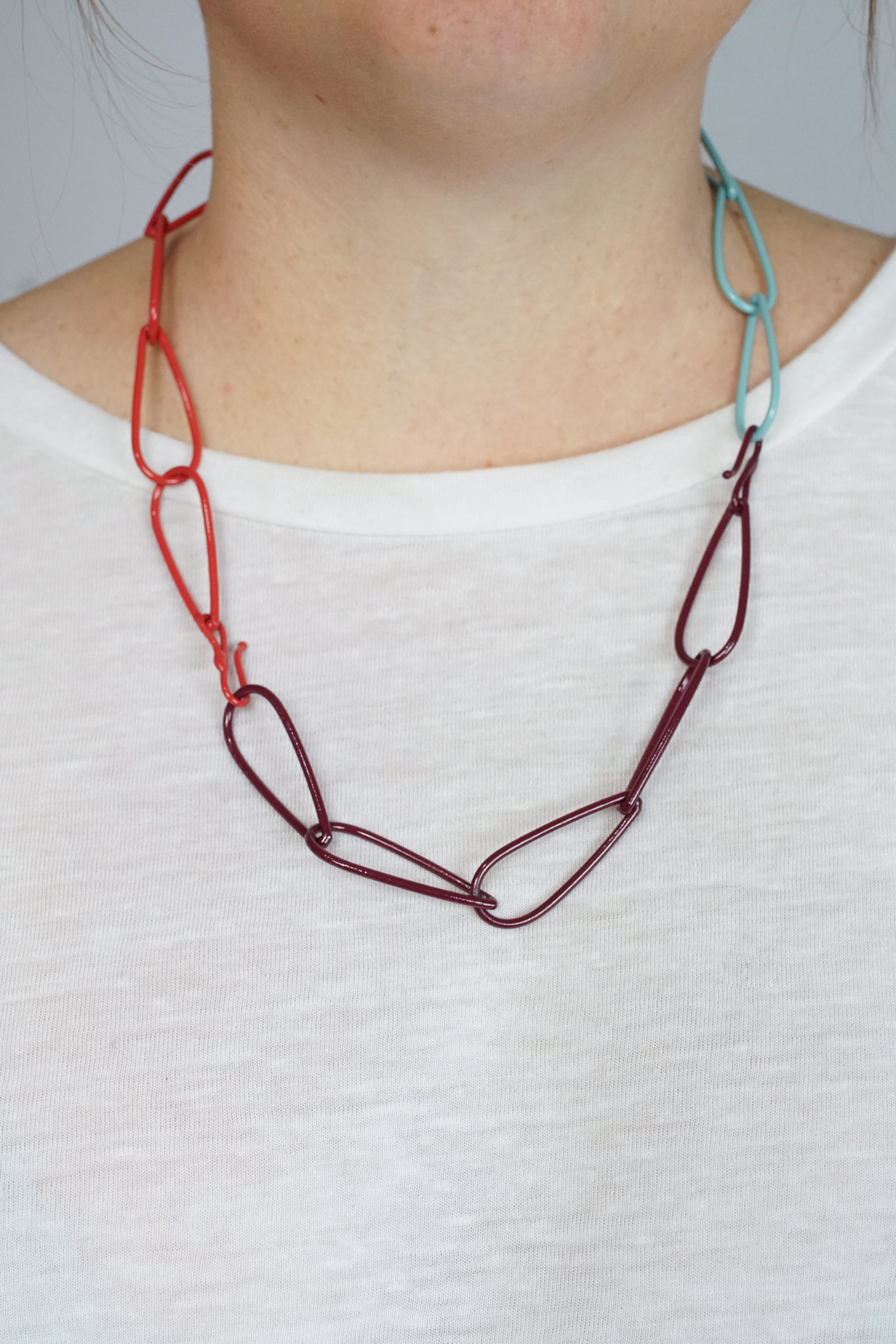Modular Necklace in Lush Burgundy, Coral Red, and Faded Teal