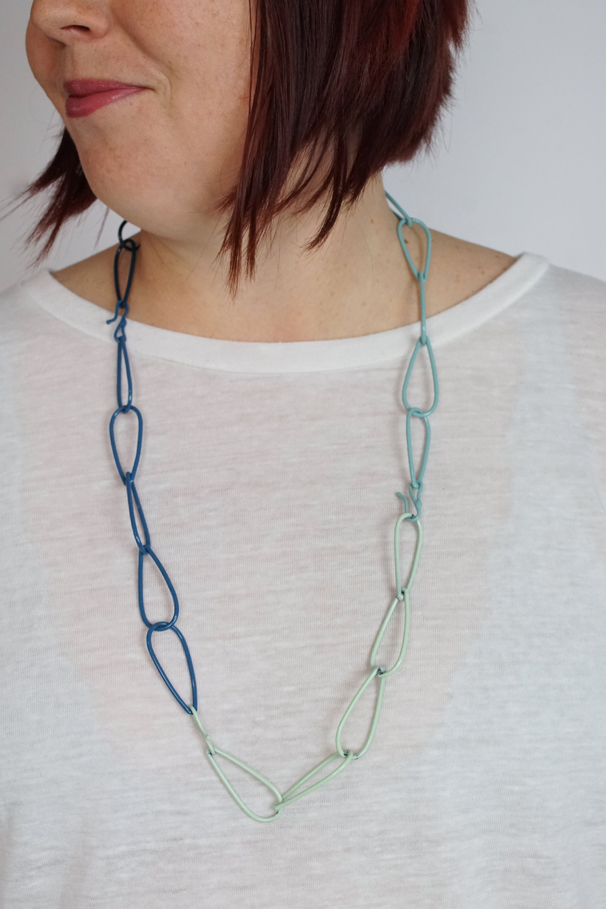 Long Modular Necklace in Deep Ocean, Azure Blue, Soft Mint, Faded Teal
