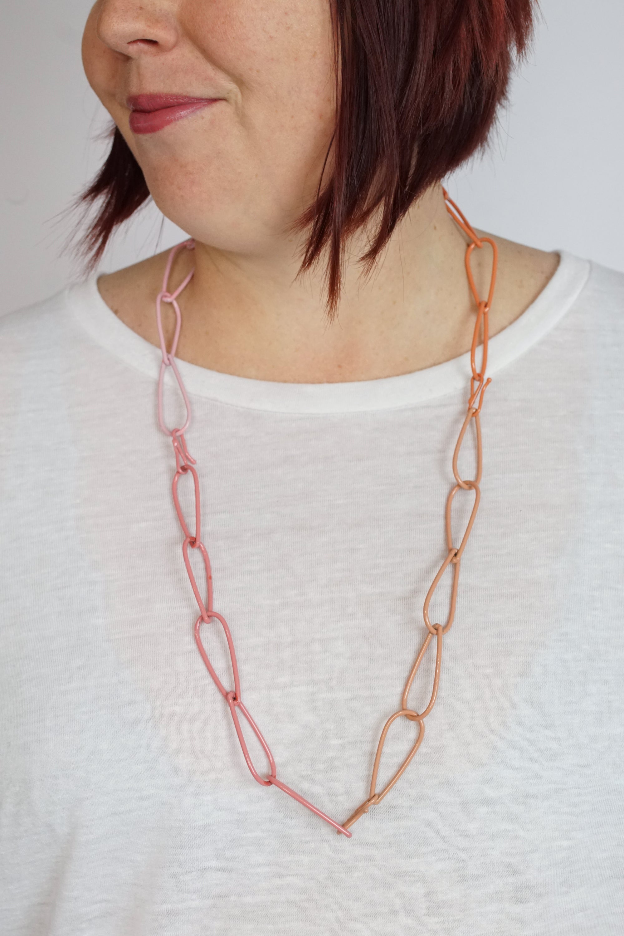 Long Modular Necklace in Dusty Rose, Desert Coral, Light Raspberry, and Bubble Gum