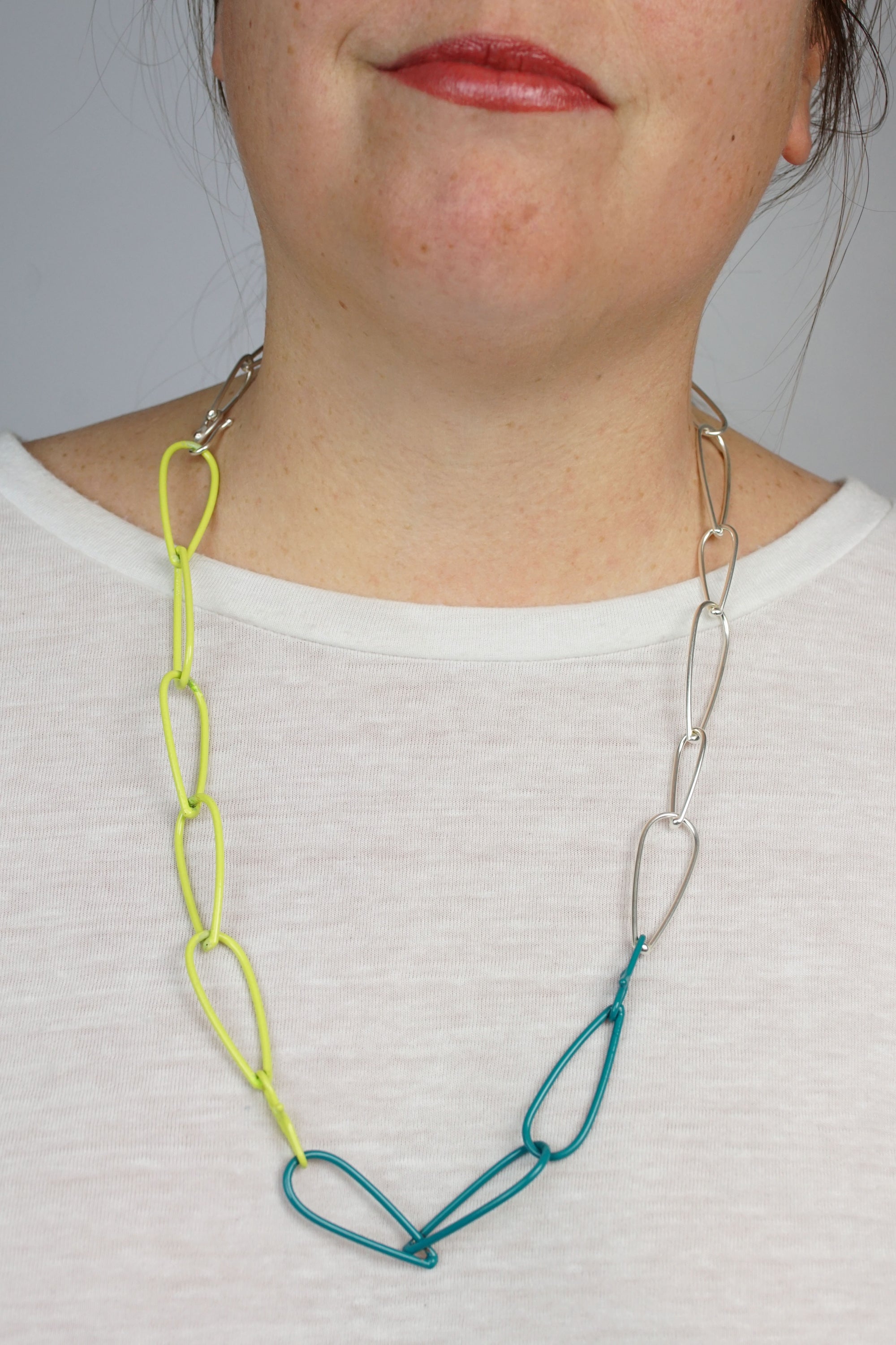 Modular Necklace in Silver, Neon Chartreuse, and Bold Teal