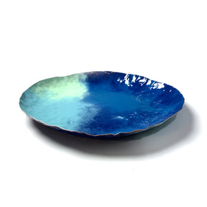Chroma Colorful Decorative Round Metal Tray in Azure Blue, Navy & Soft Teal