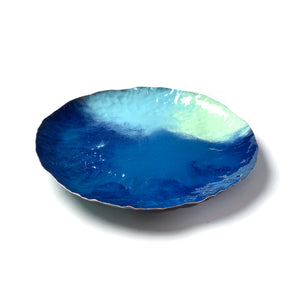 Chroma Colorful Decorative Round Metal Tray in Azure Blue, Navy & Soft Teal