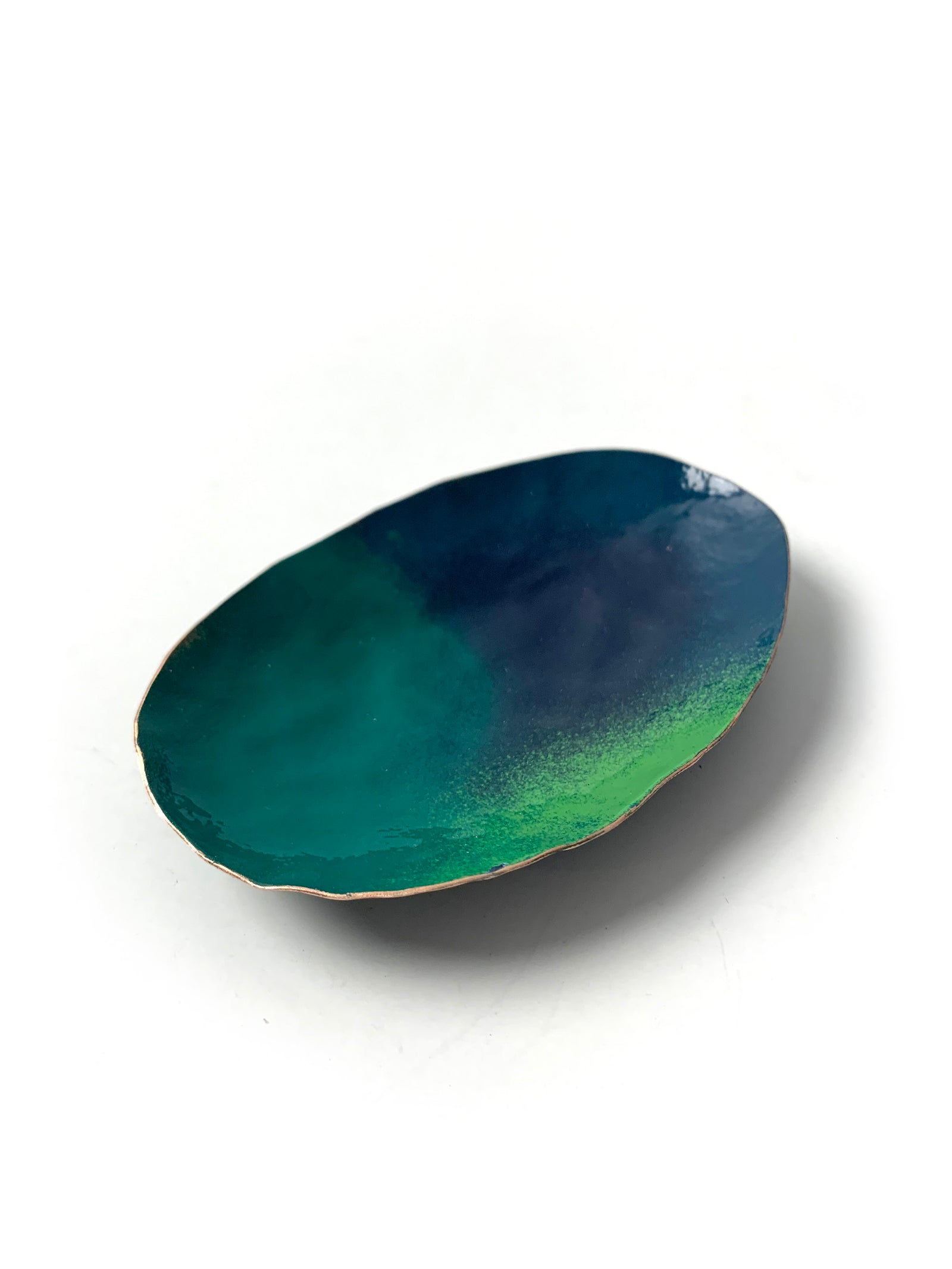 Oval Copper Dish in Emerald Green, Deep Ocean, and Fresh Green