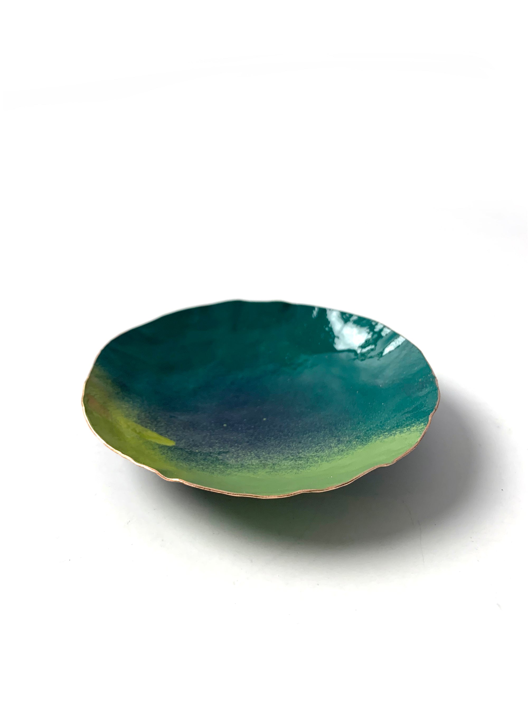 Round Copper Dish in Emerald Green and Moss Green