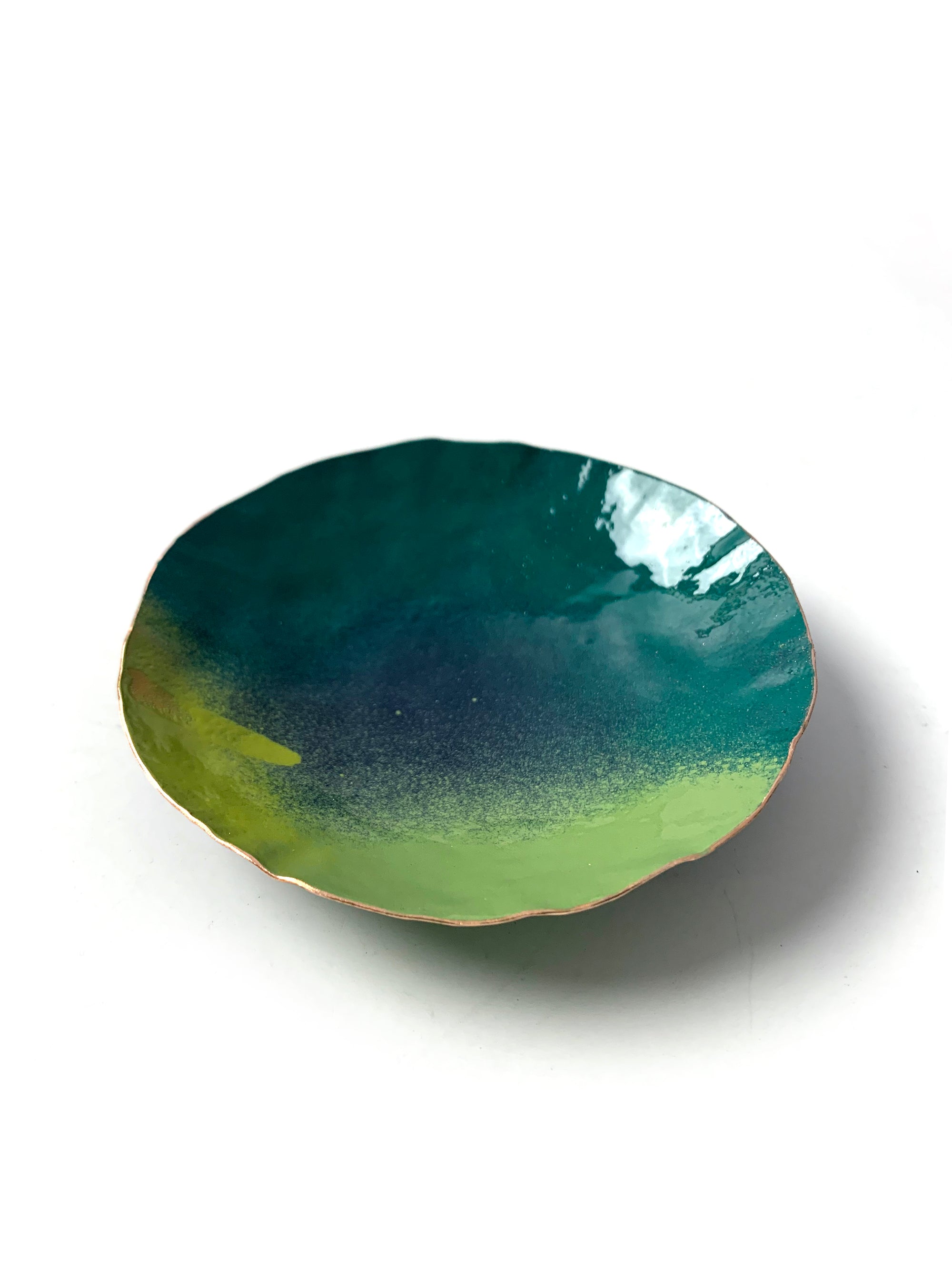 Round Copper Dish in Emerald Green and Moss Green