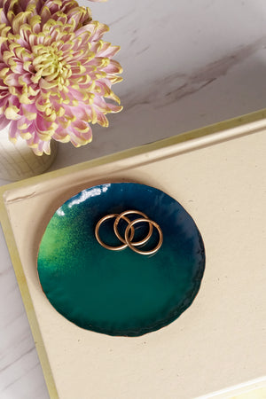 Chroma Colorful Little Round Metal Tray in Emerald Green, Fresh Green, and Deep Ocean