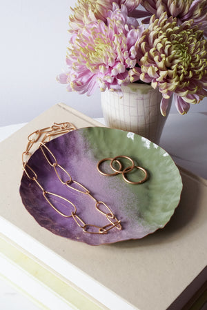 Chroma Colorful Decorative Round Metal Tray in Olive Green and Lavender