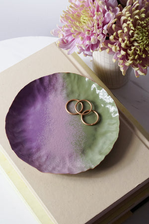 Chroma Colorful Decorative Round Metal Tray in Olive Green and Lavender