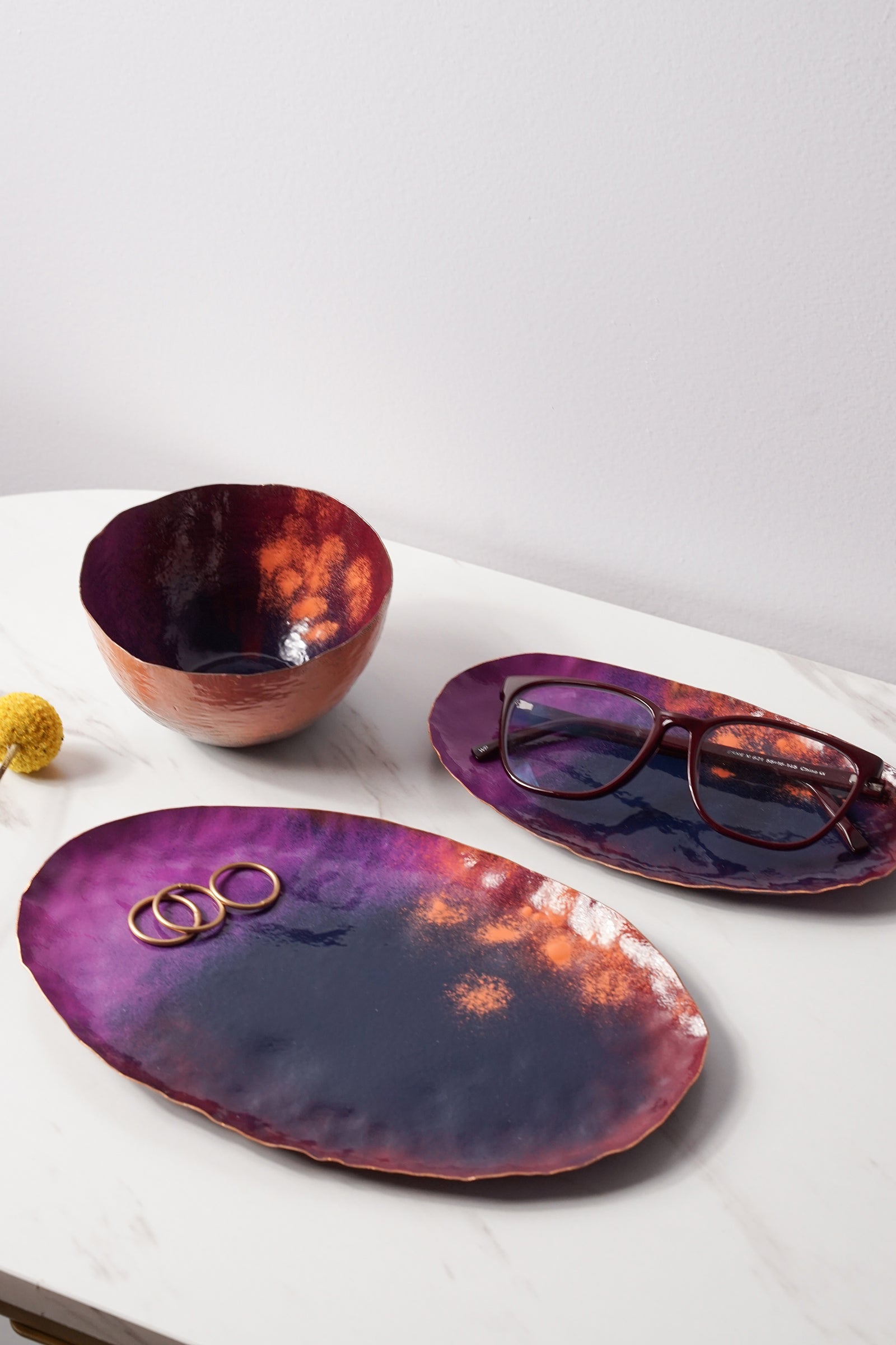 Chroma Colorful Decorative Metal Tray in Burgundy, Navy, Orchid & Orange