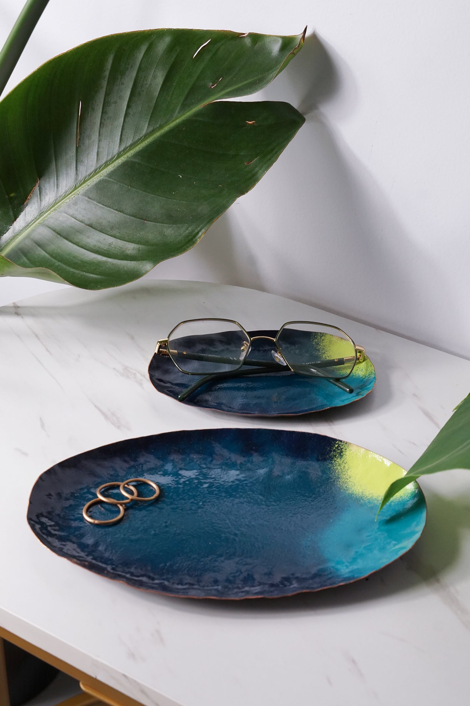 Chroma Colorful Decorative Metal Tray in Dark Teal & Neon Chartreuse