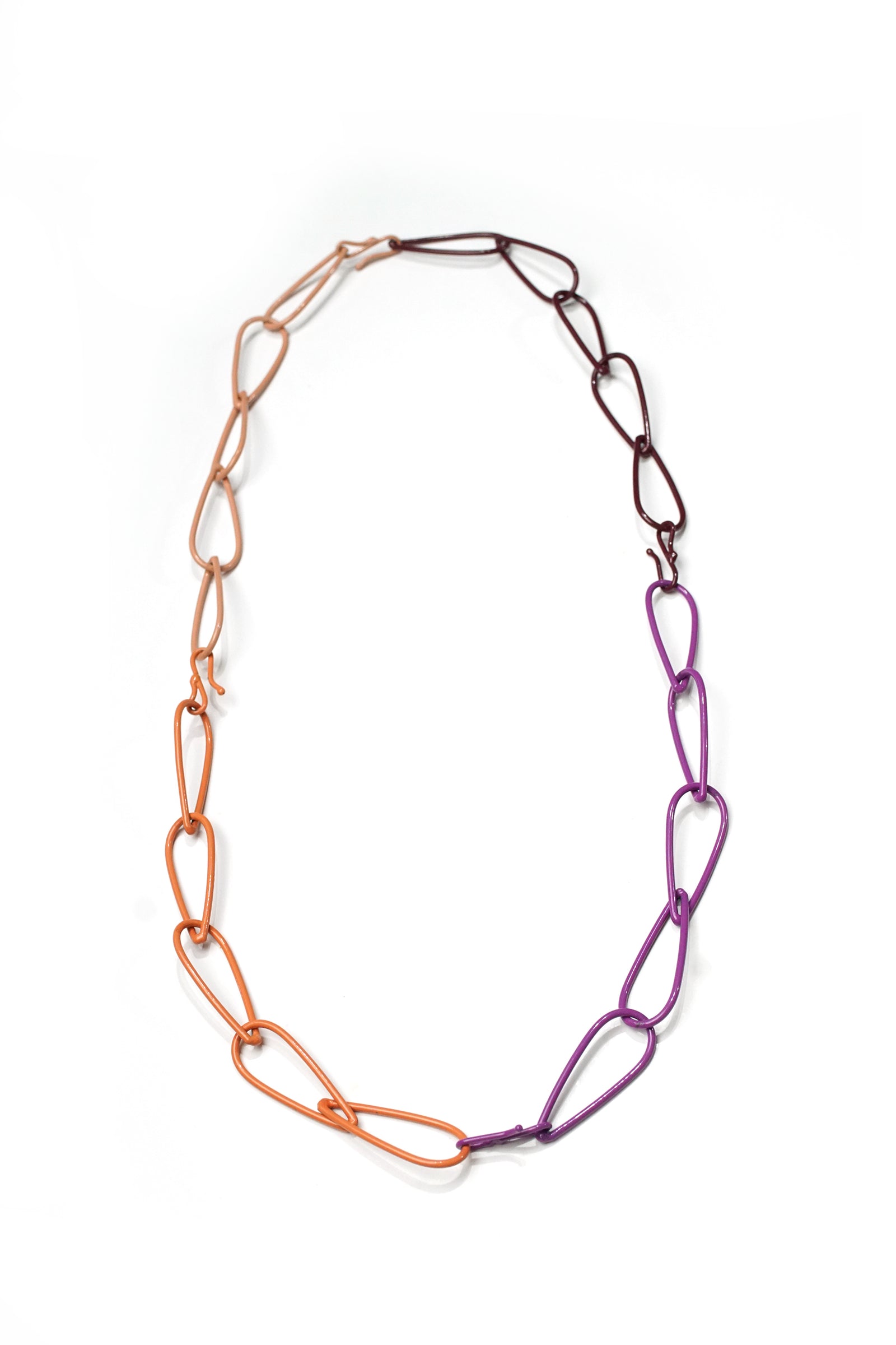 long Modular Necklace in burgundy, coral, and purple
