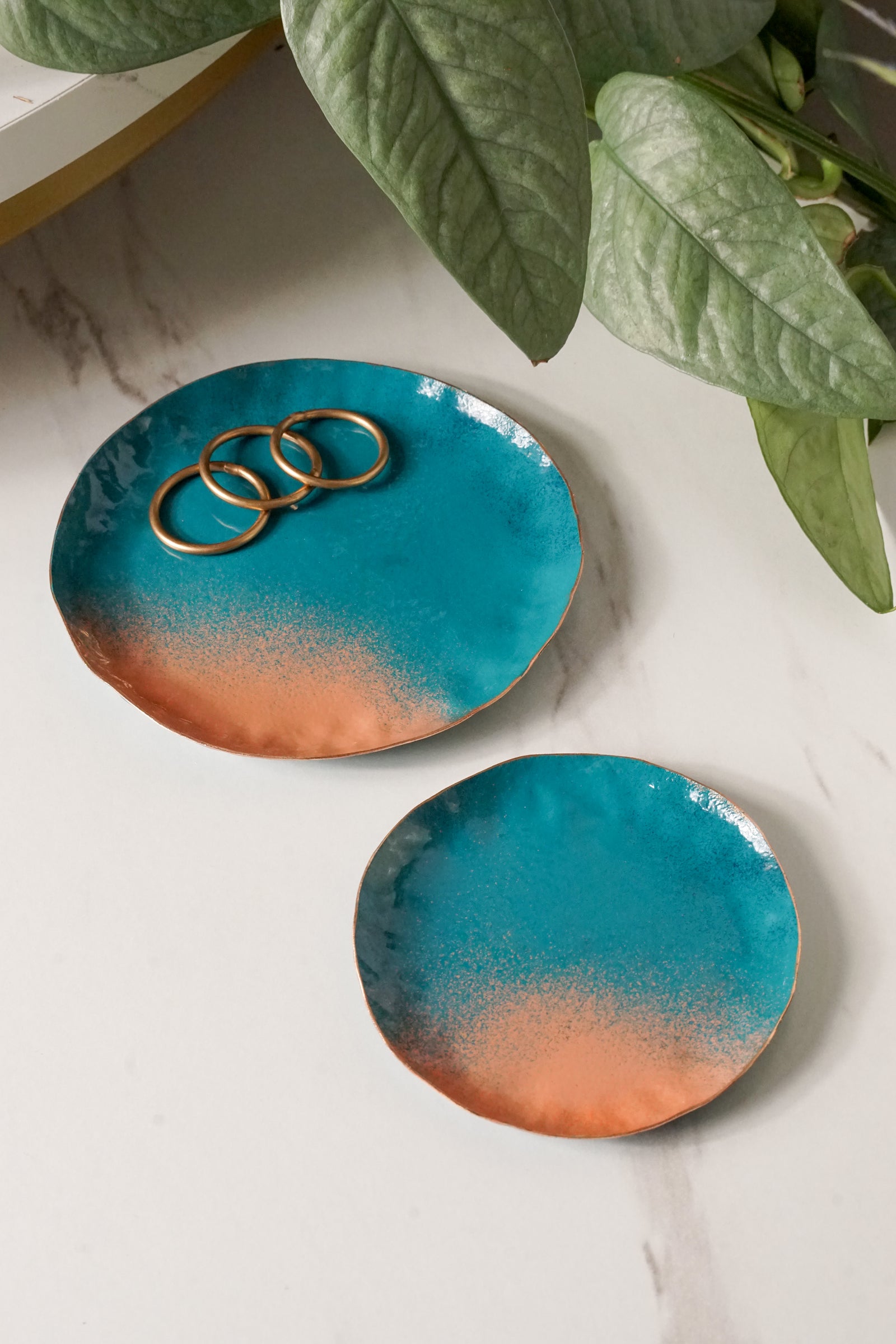 Chroma Colorful Little Round Metal Tray in Bold Teal and Dusty Rose