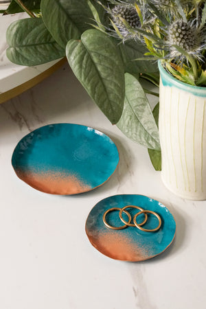 Chroma Colorful Little Round Metal Tray in Bold Teal and Dusty Rose