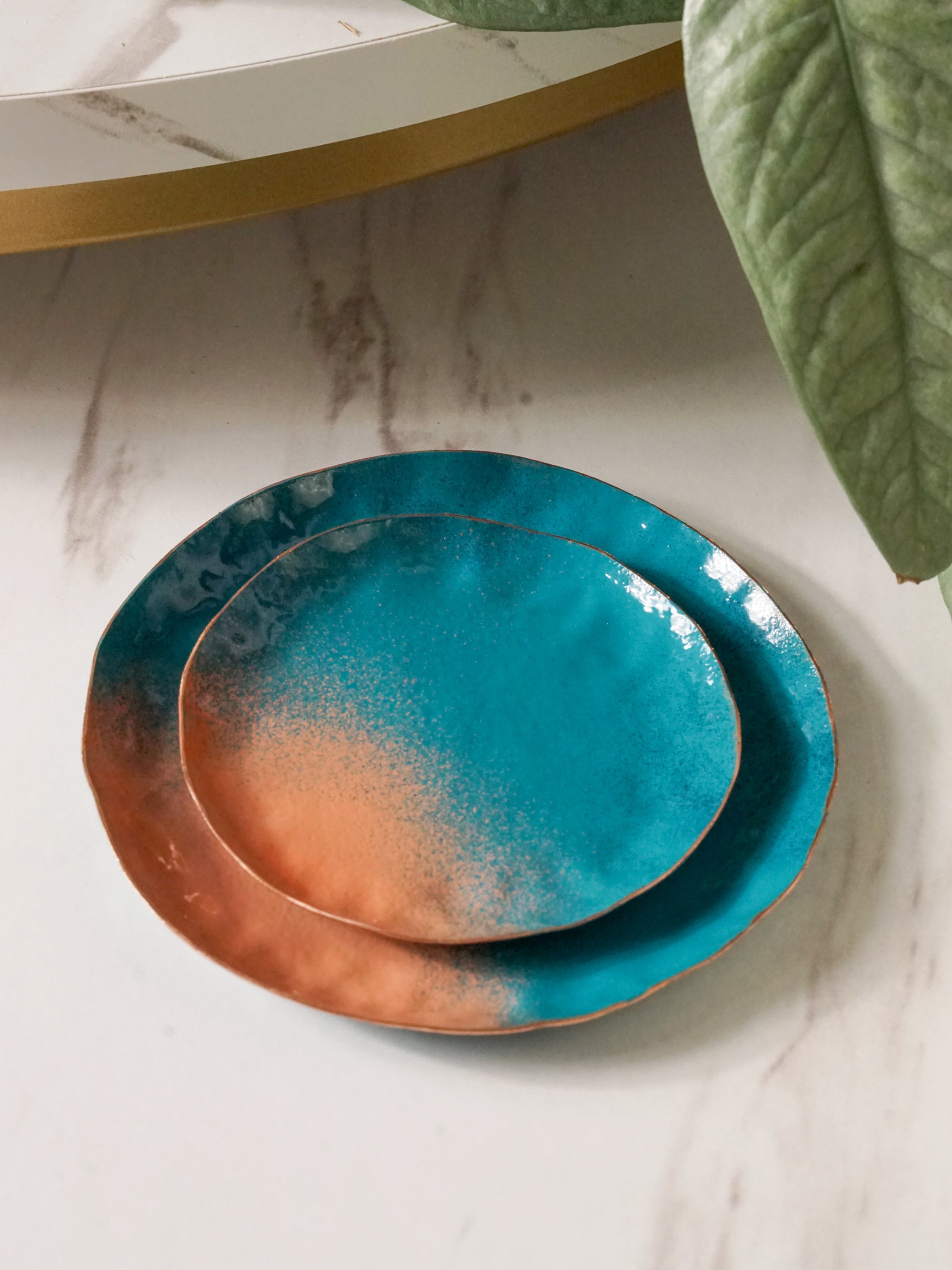 Chroma Colorful Little Round Metal Tray in Bold Teal and Dusty Rose