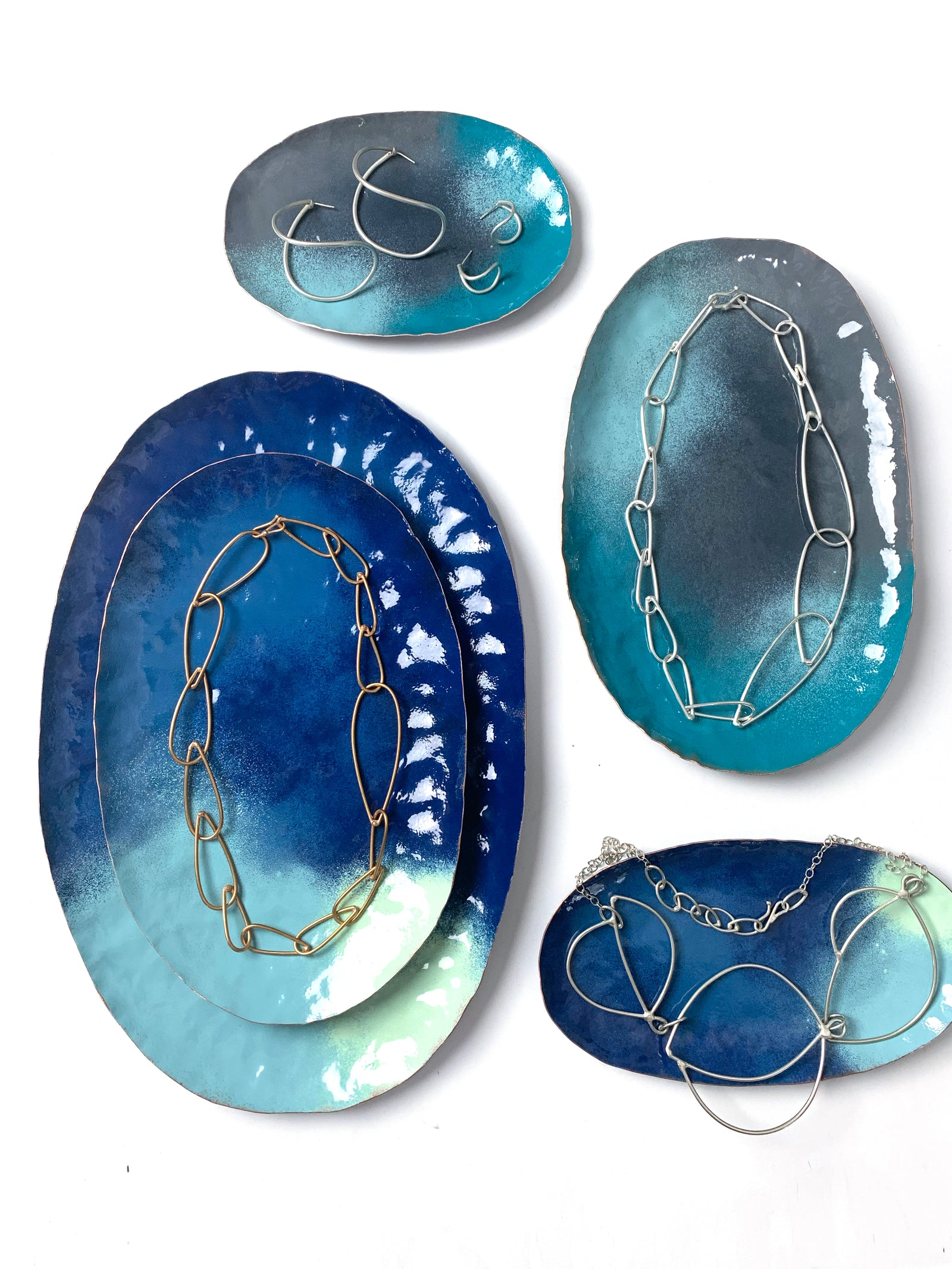 Chroma Colorful Decorative Metal Tray in Azure Blue, Navy & Soft Teal