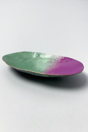 Oval Copper Dish in Pale Green and Magenta