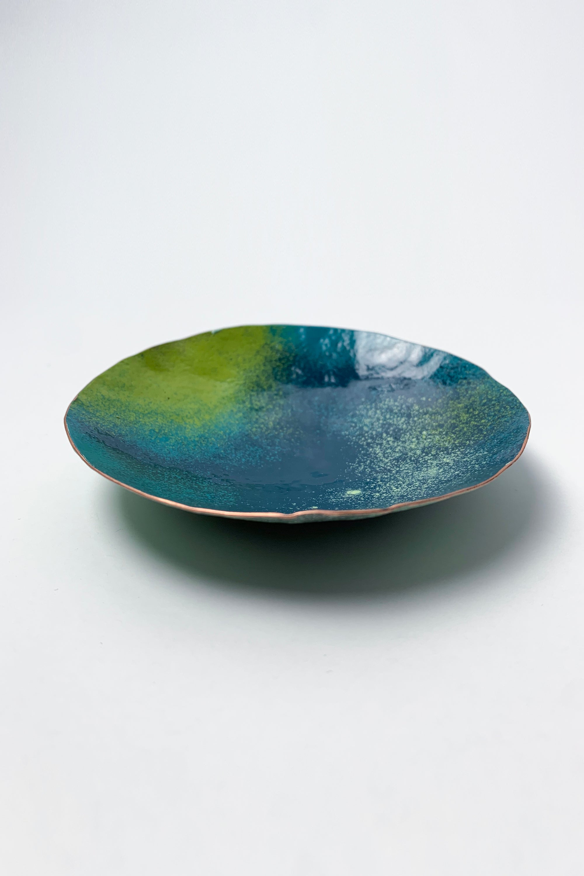 Round Copper Dish in Navy, Teal, and Lime
