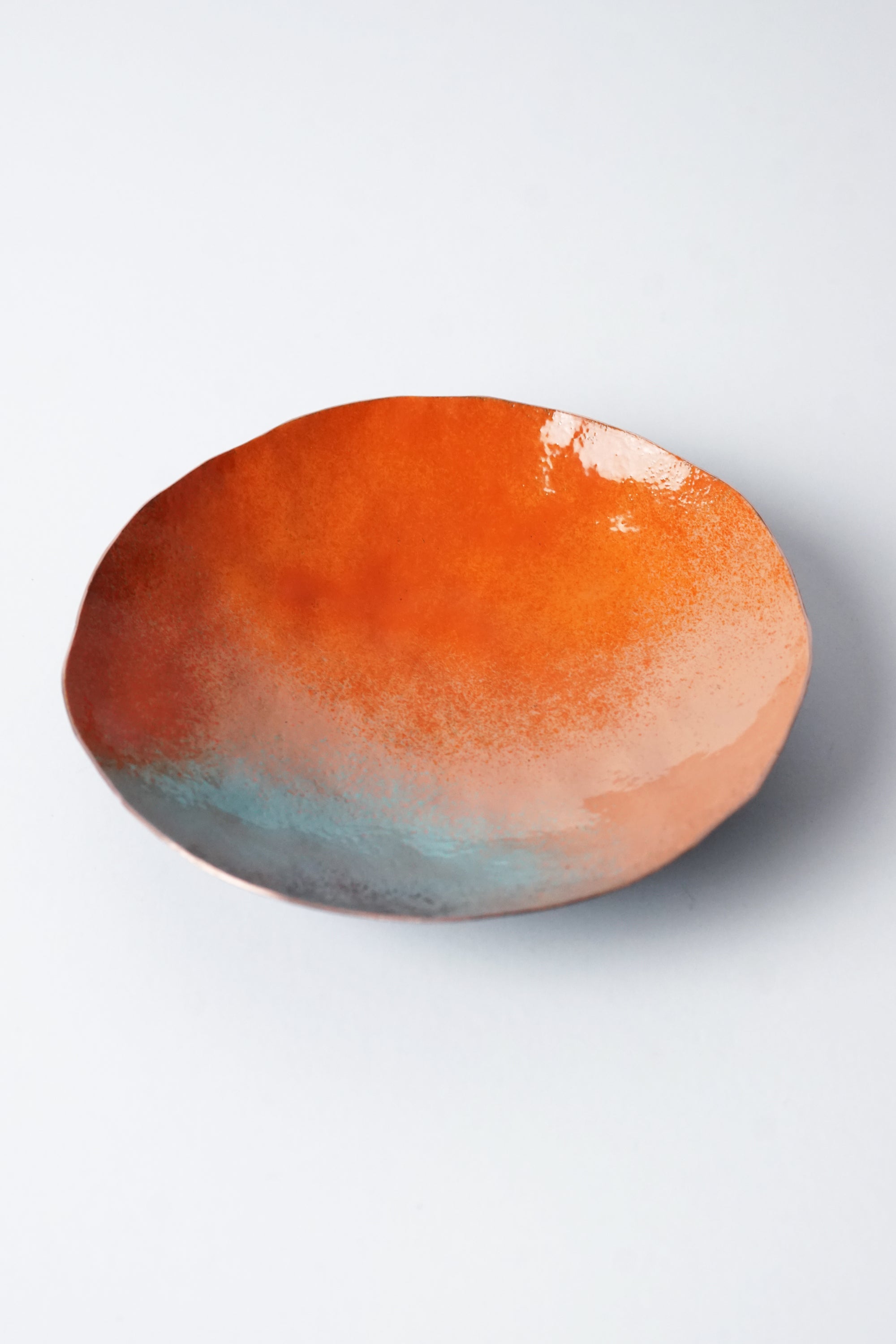 Round Copper Dish in Orange and Turquoise