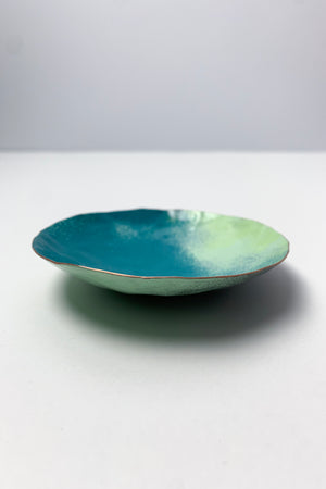 Round Copper Dish in Bold Teal and Mint