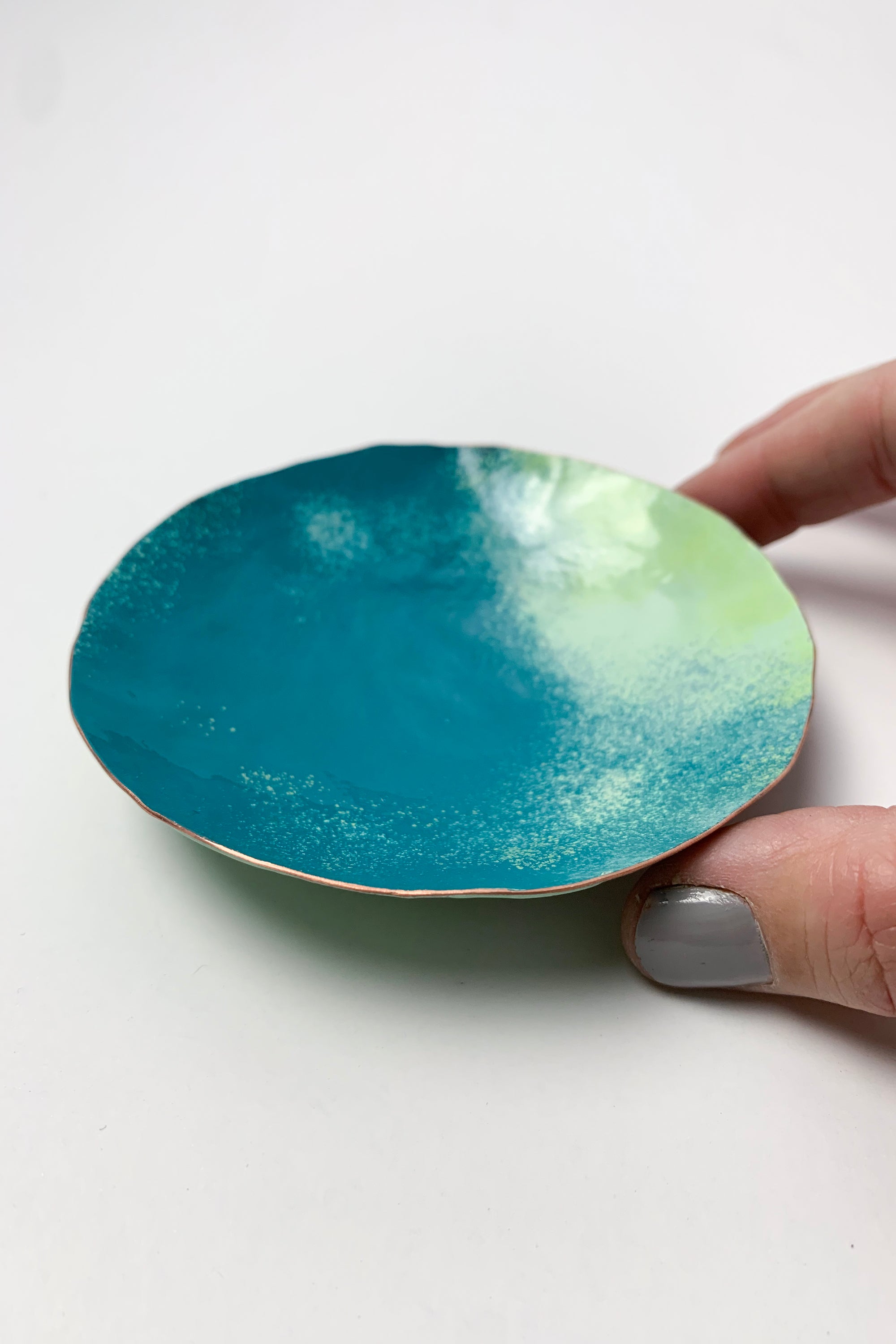 Round Copper Dish in Bold Teal and Mint