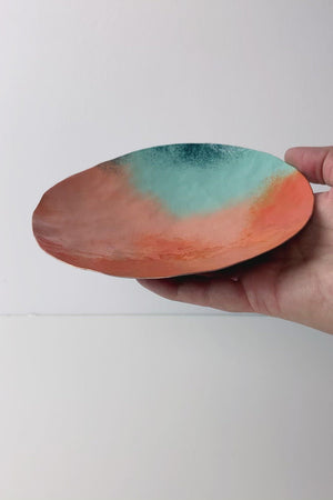 Round Copper Dish in Coral and Turquoise