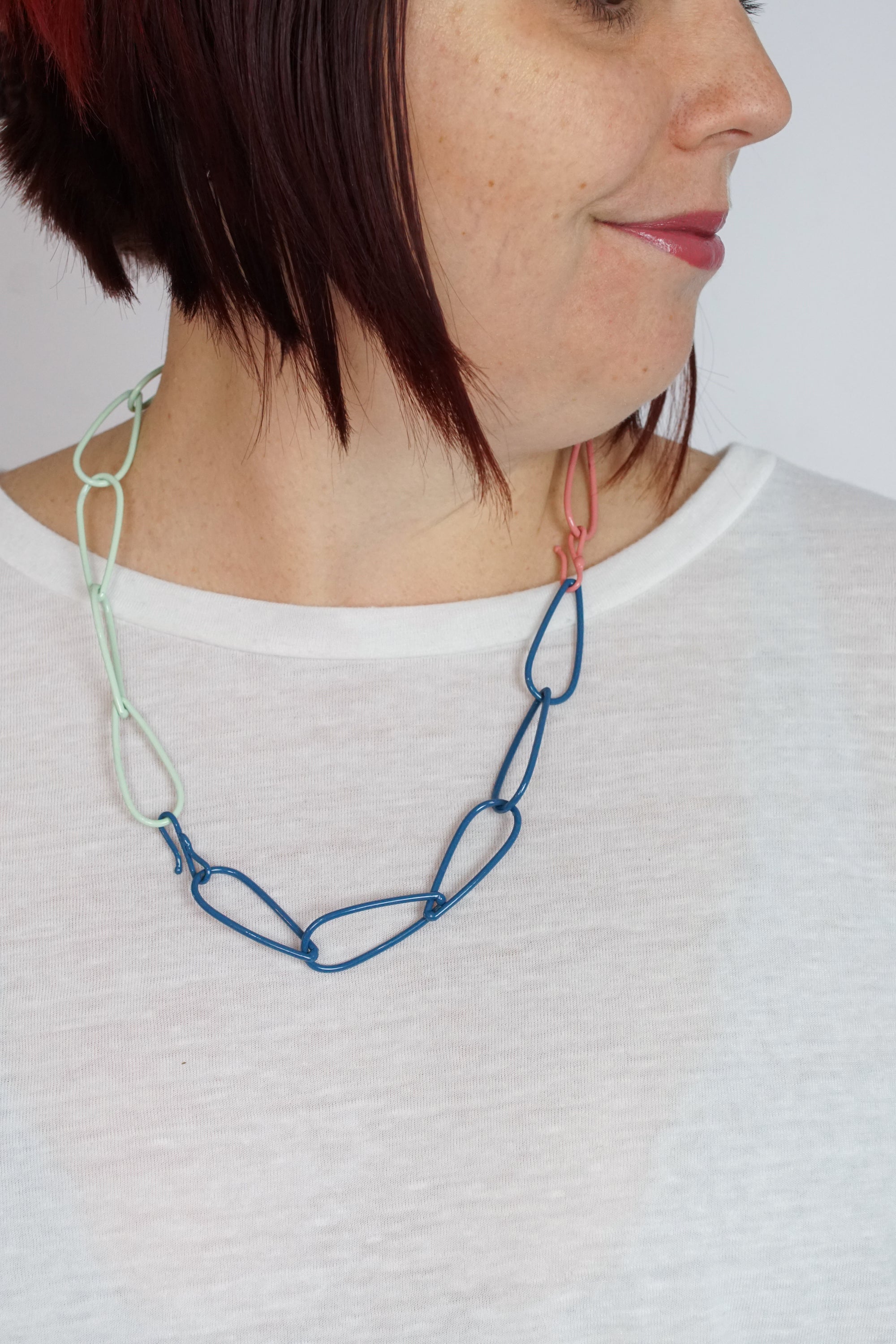 Modular Necklace in Azure Blue, Light Raspberry, and Soft Mint