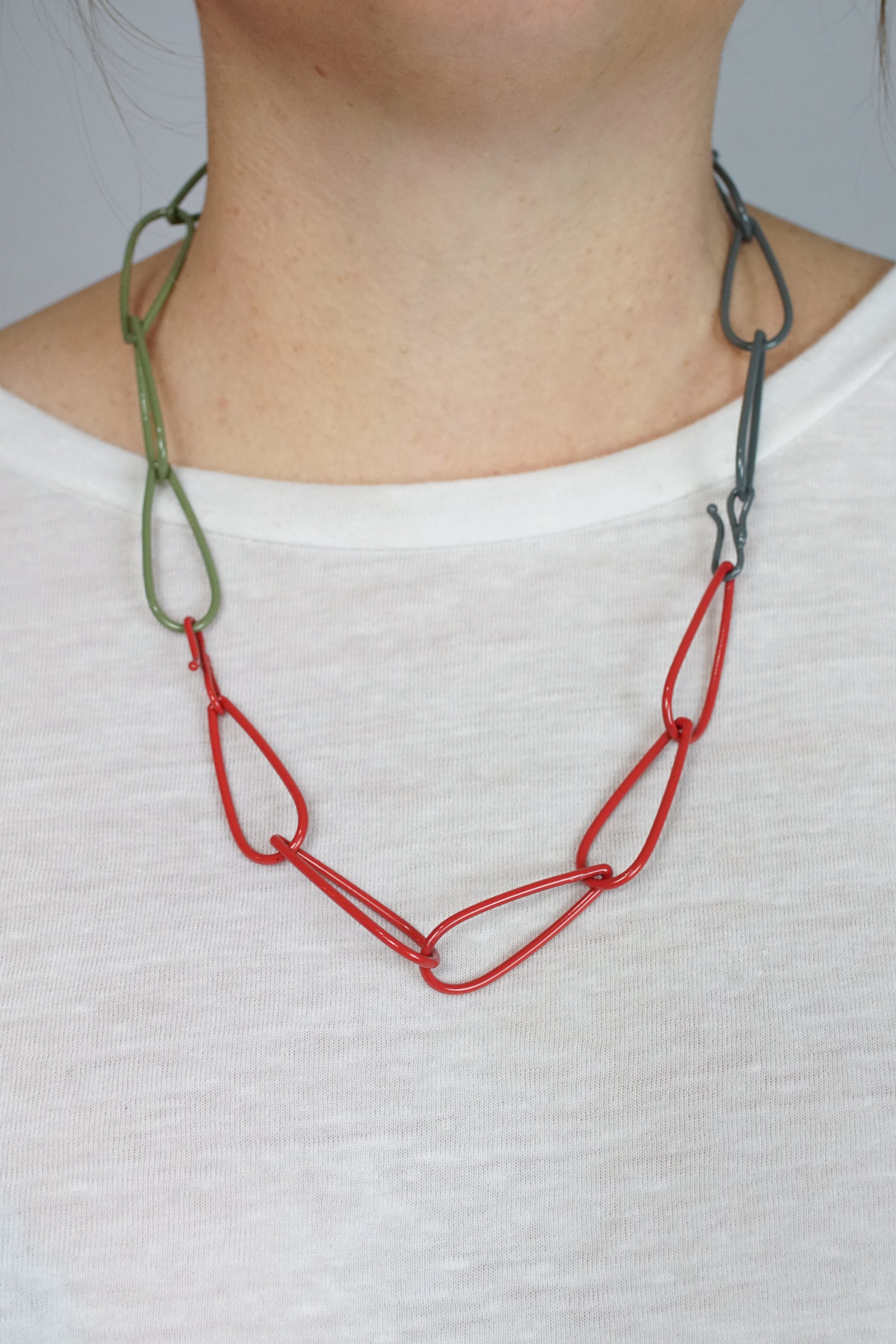 Modular Necklace in Coral Red, Storm Grey, and Olive Green