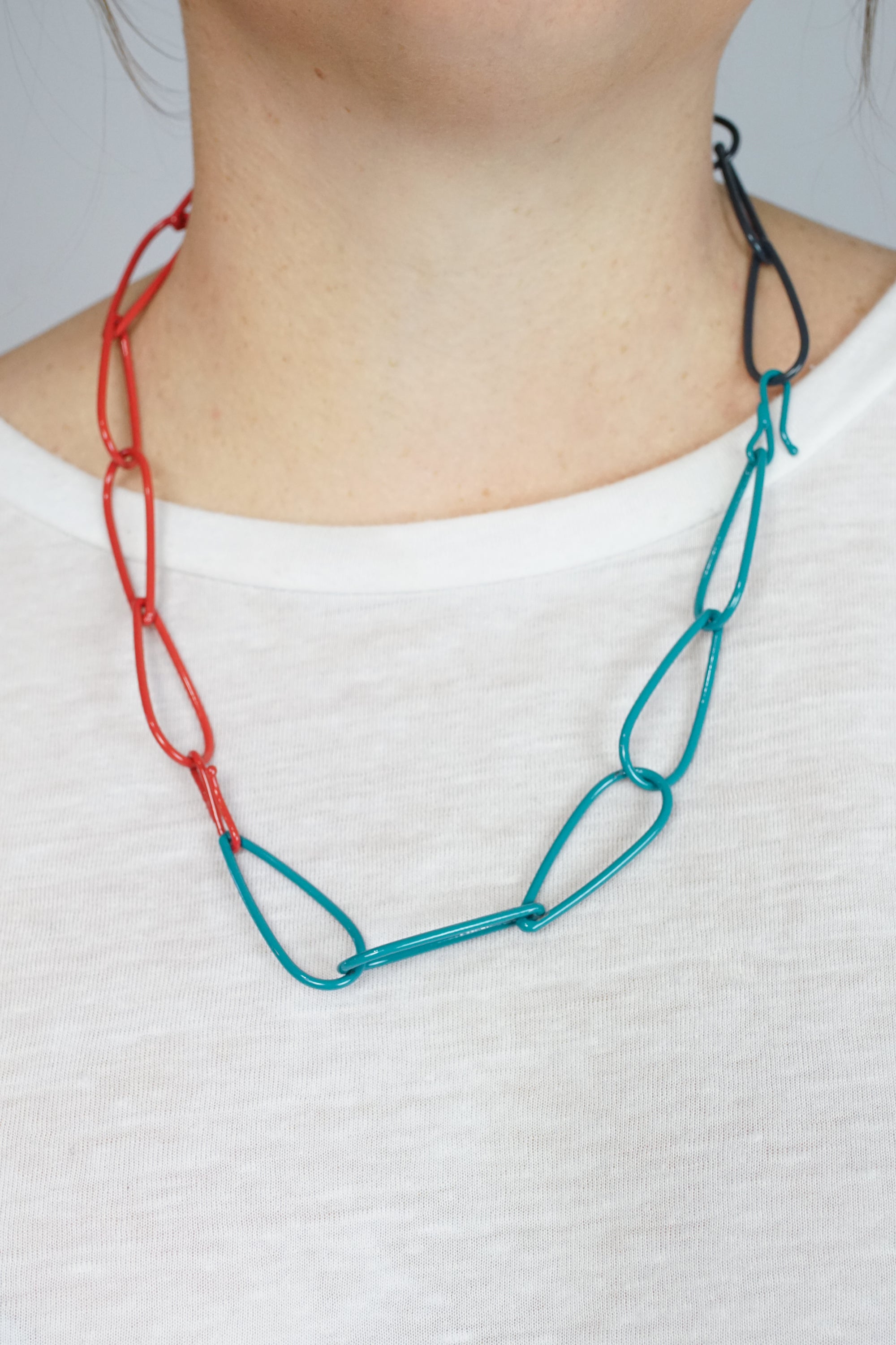 Modular Necklace in Midnight Grey, Coral Red, and Bold Teal