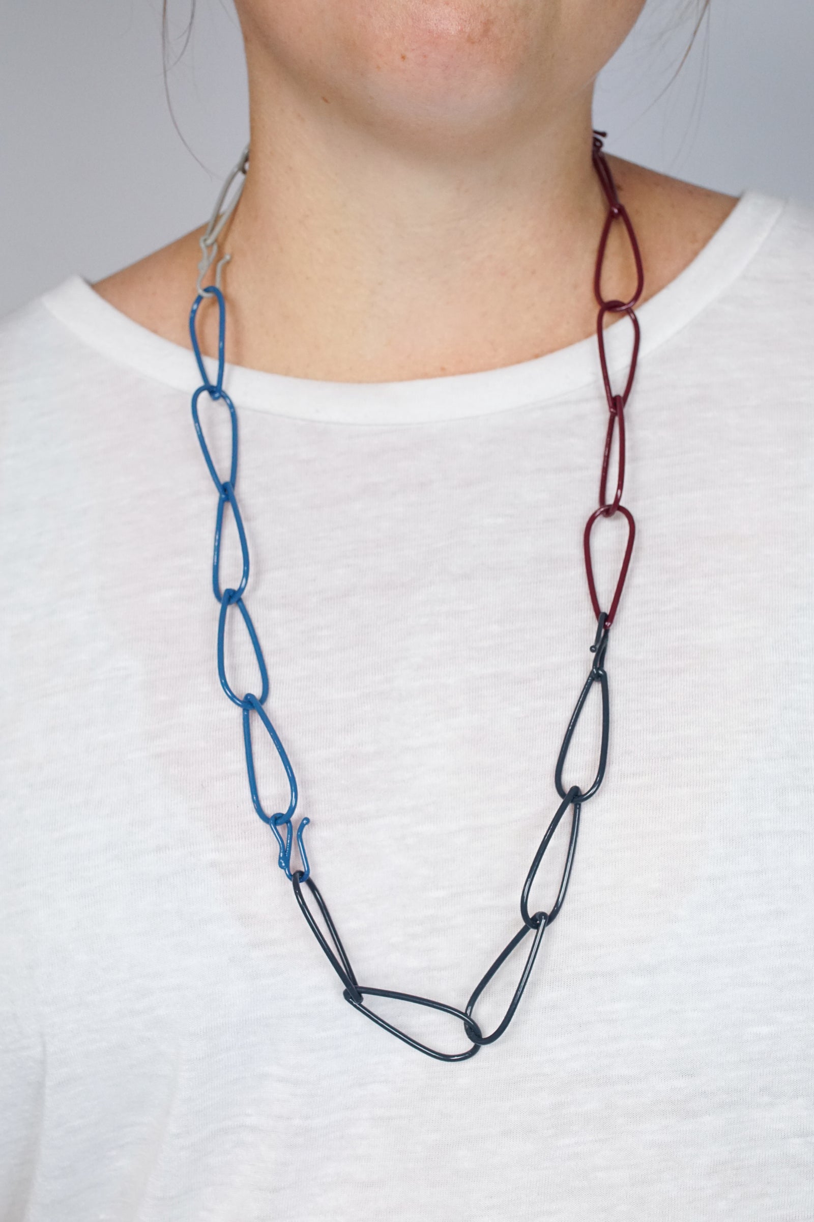 Long Modular Necklace in Azure Blue, Midnight Grey, Lush Burgundy, and Stone Grey