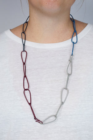 Long Modular Necklace in Azure Blue, Midnight Grey, Lush Burgundy, and Stone Grey