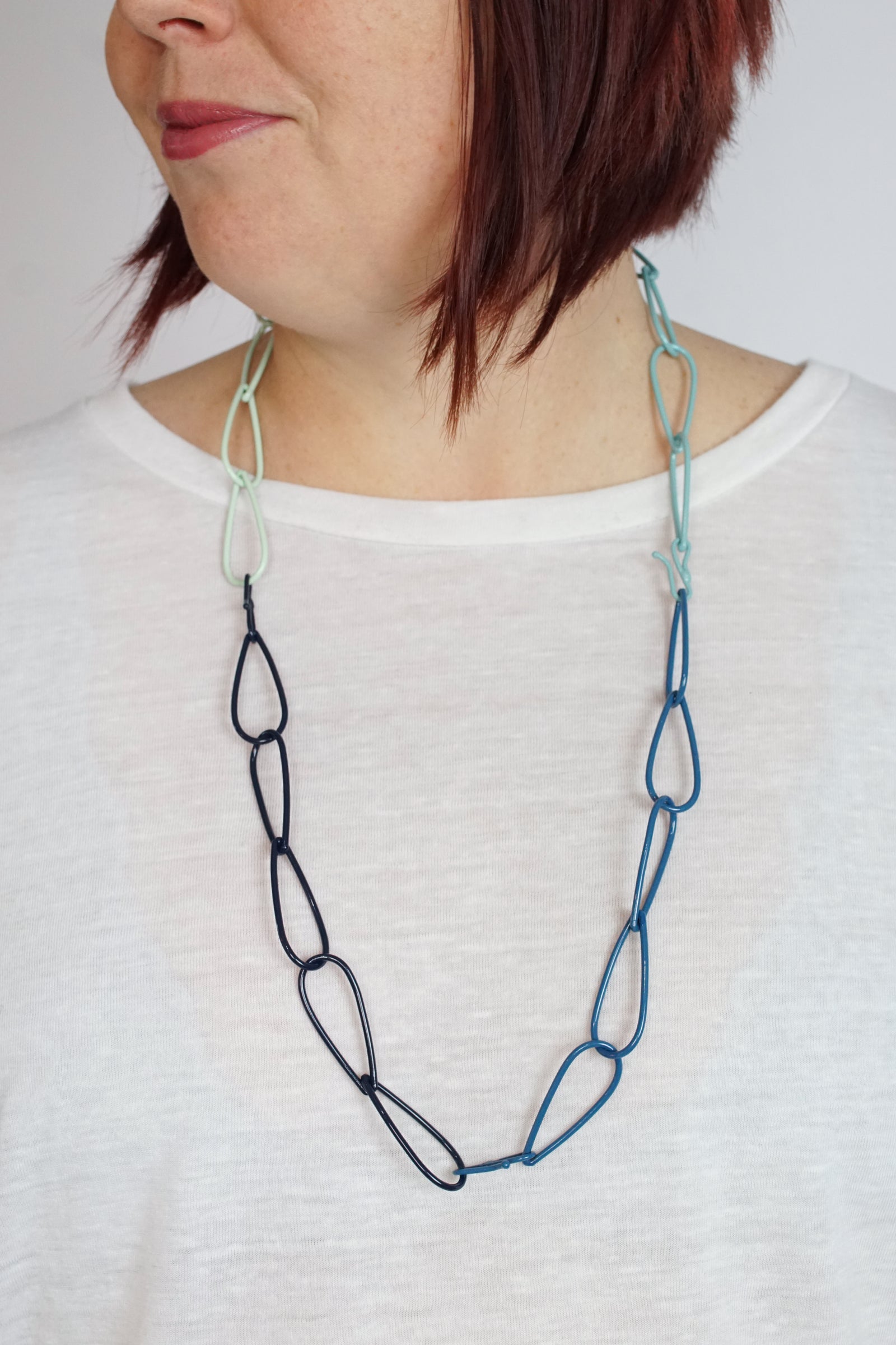 Long Modular Necklace in Azure Blue, Soft Mint, Dark Navy, and Faded Teal
