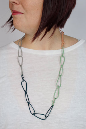 Long Modular Necklace in Deep Ocean, Stone Grey, Pale Green, and Dusty Rose