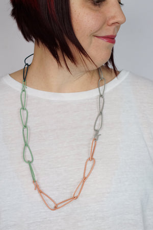 Long Modular Necklace in Deep Ocean, Stone Grey, Pale Green, and Dusty Rose