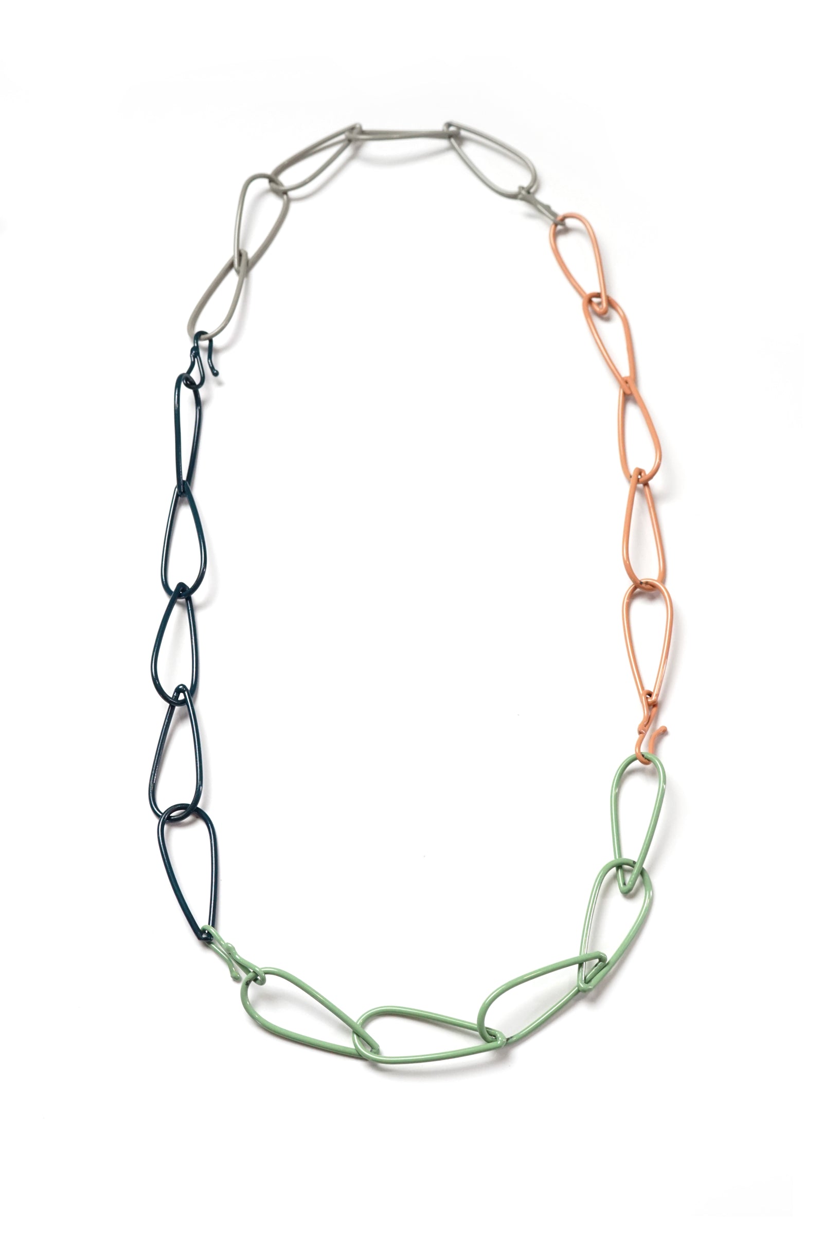 Long Modular Necklace in Deep Ocean, Stone Grey, Pale Green, and Dusty Rose