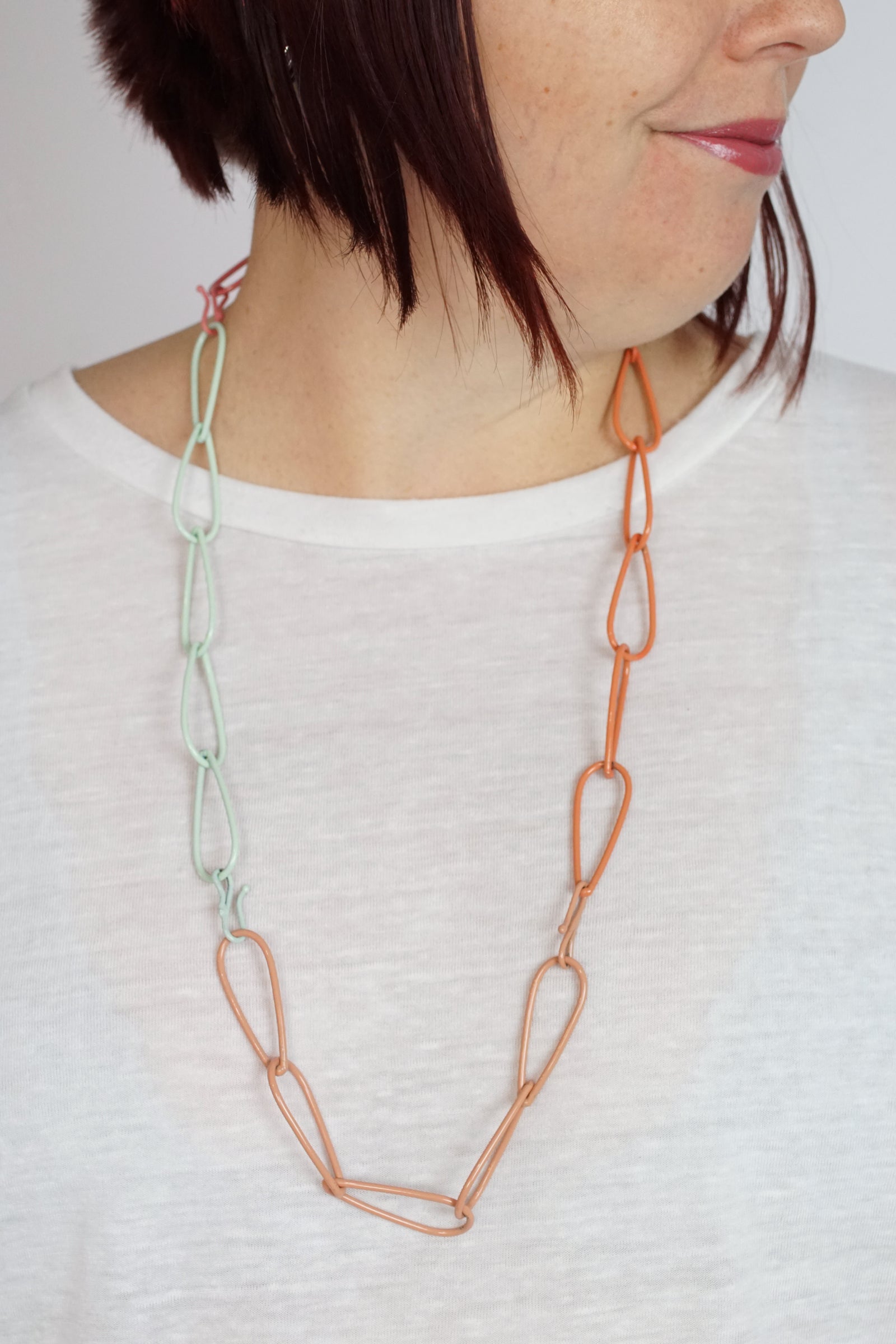 Long Modular Necklace in Dusty Rose, Desert Coral, Light Raspberry, and Pale Mint