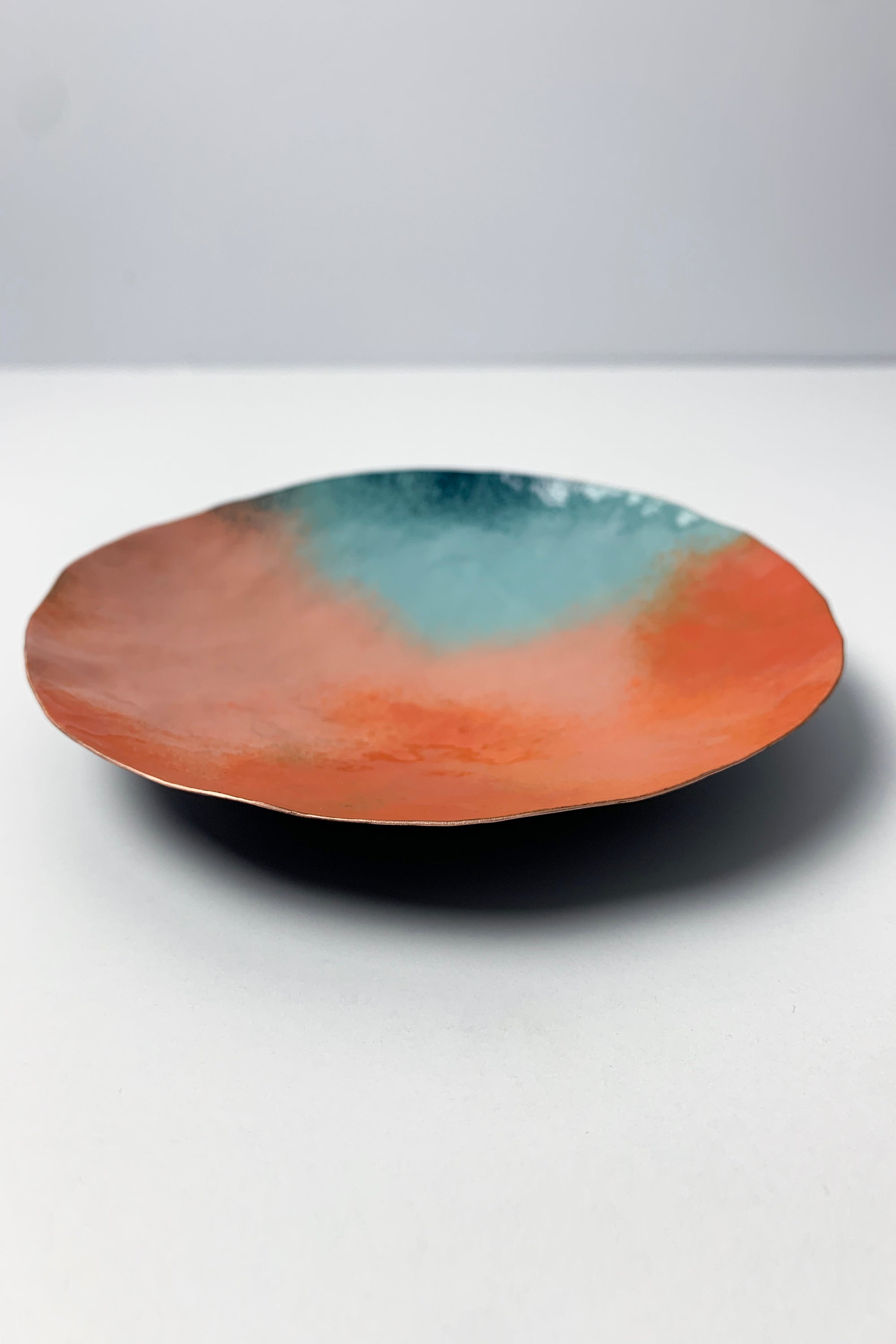 Round Copper Dish in Coral and Turquoise