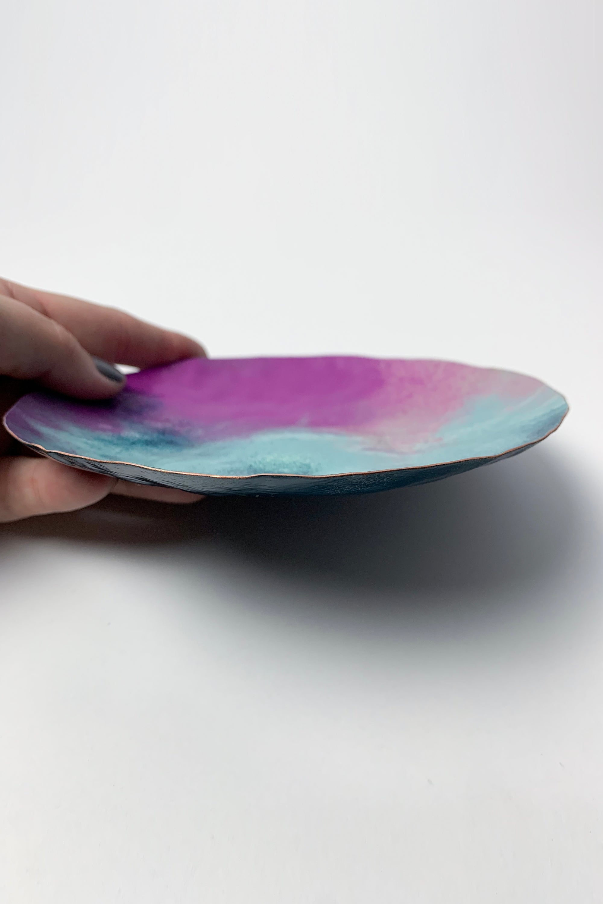 Round Copper Tray in Turquoise and Magenta