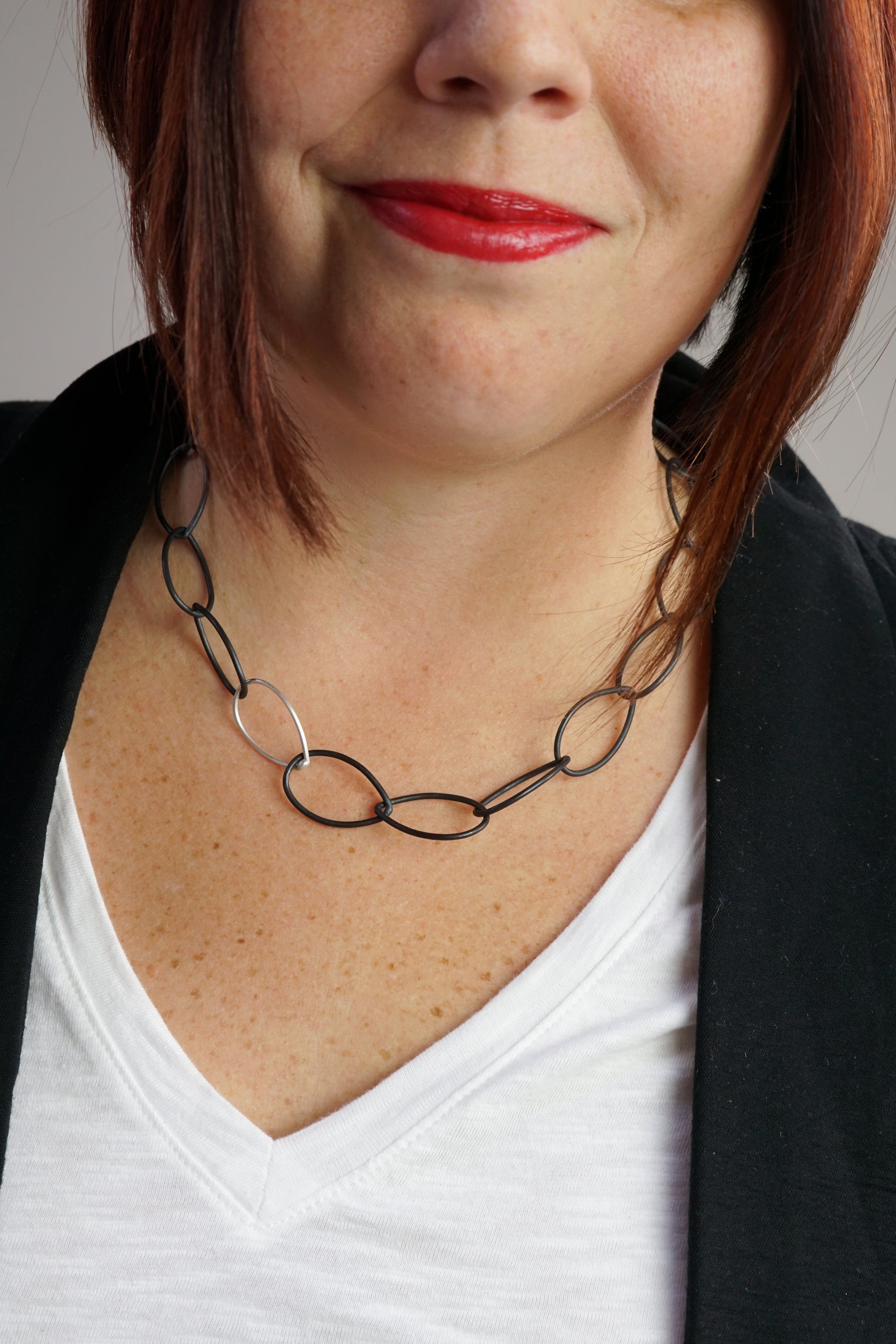 audrey necklace // little black necklace // black steel and silver chain link necklace