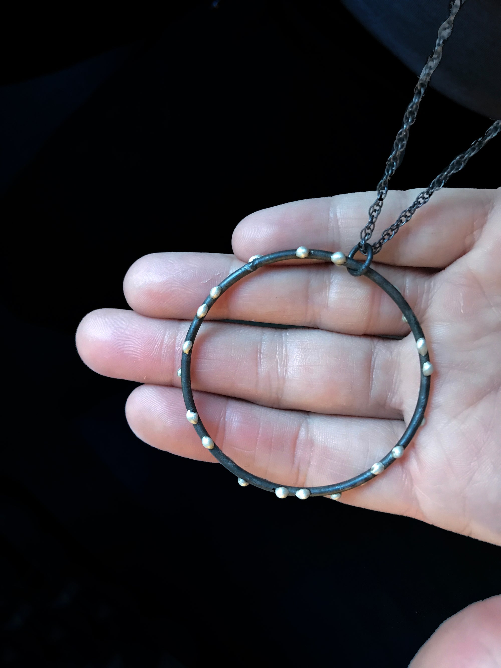 Extra Large Silver on Steel Circle Pendant on Long Chain - sample sale