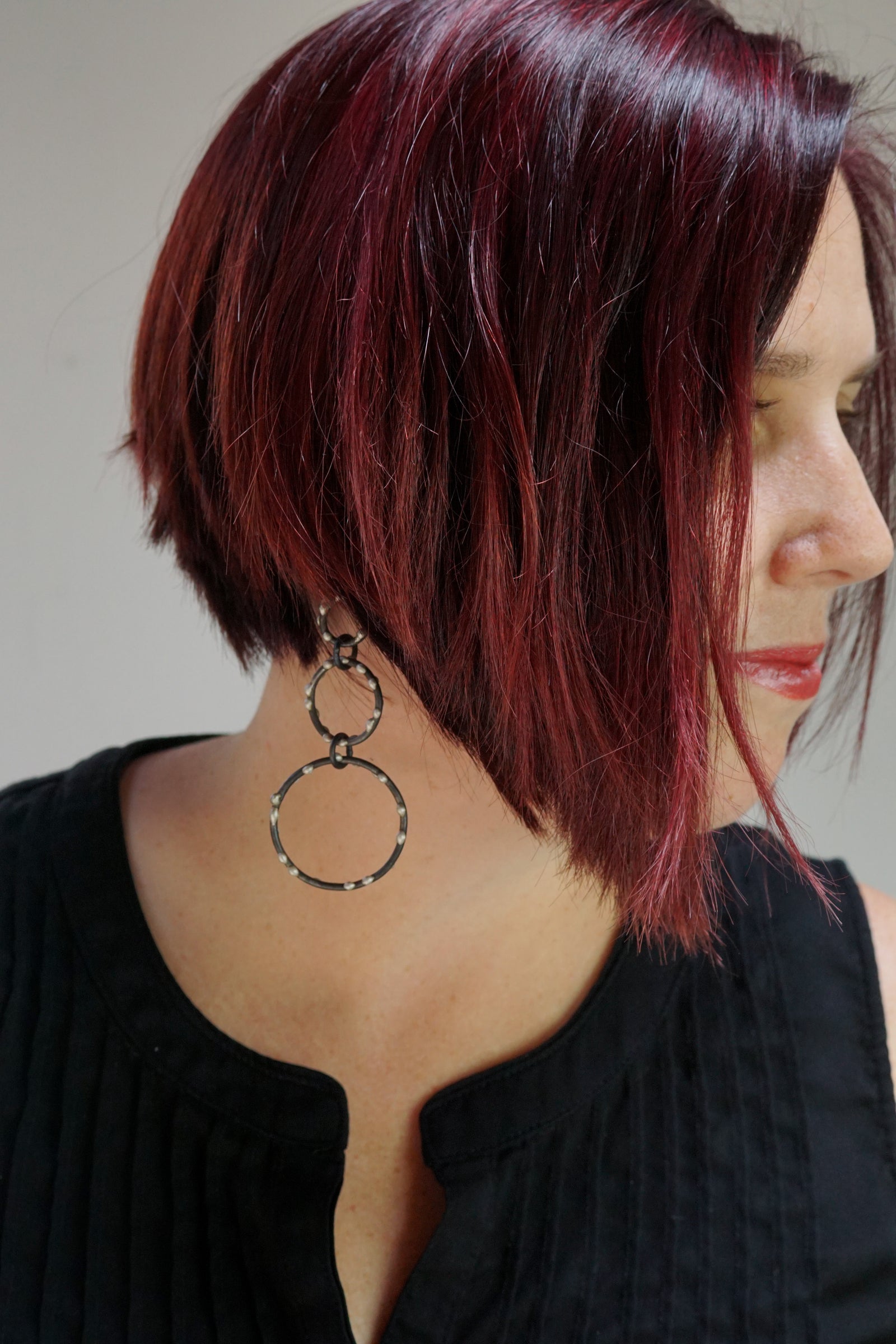 silver on steel handmade triple circle earrings